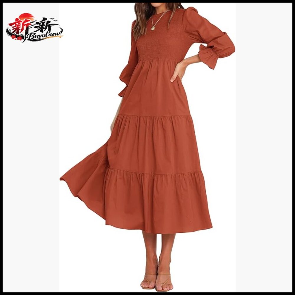 Long Sleeve Crew Neck Maxi Dress With Ruffle Sleeves, High Waist A-Line